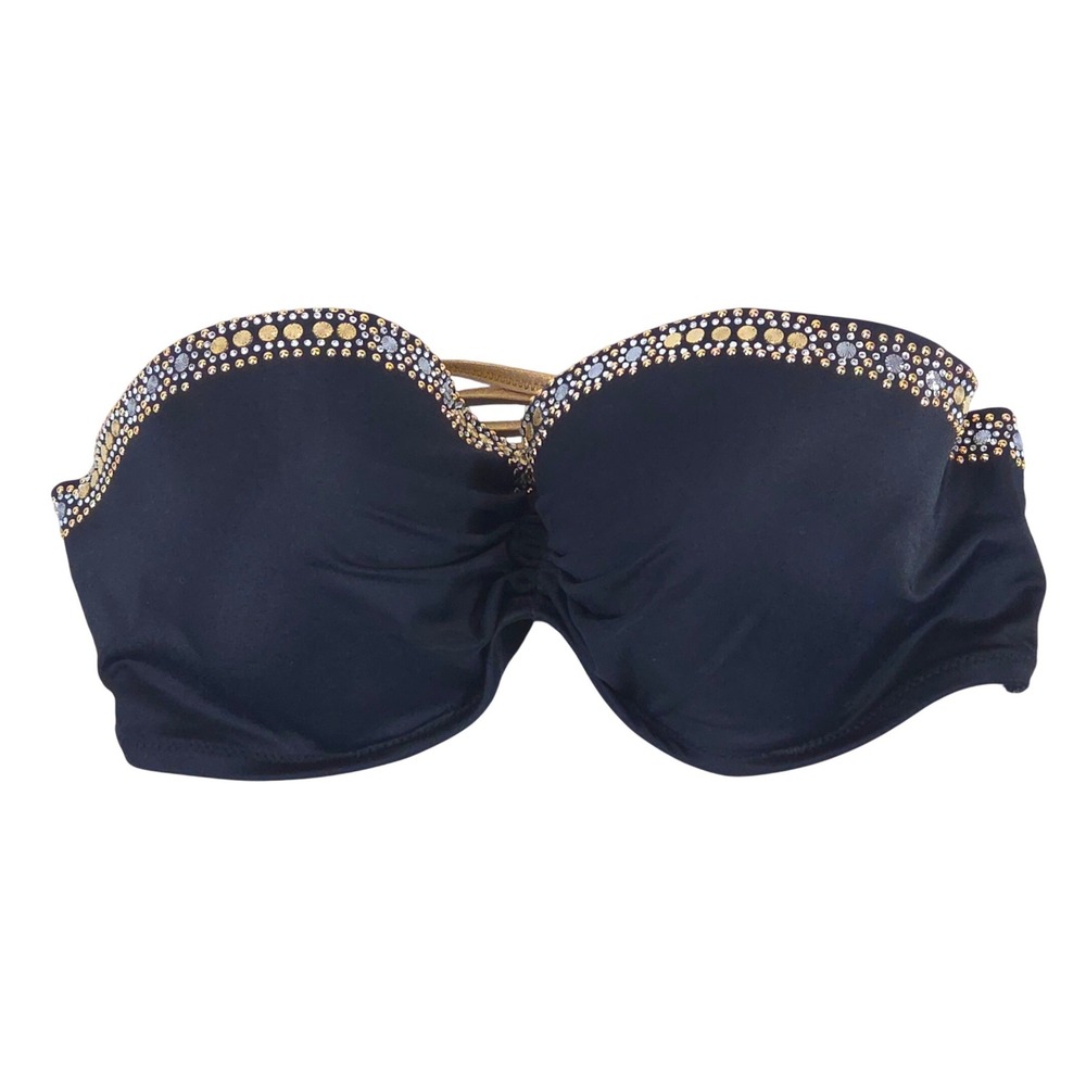 Victoria's Secret Studded Bikini Top 36D Push Up Black Gold Underwire Y2K Swim